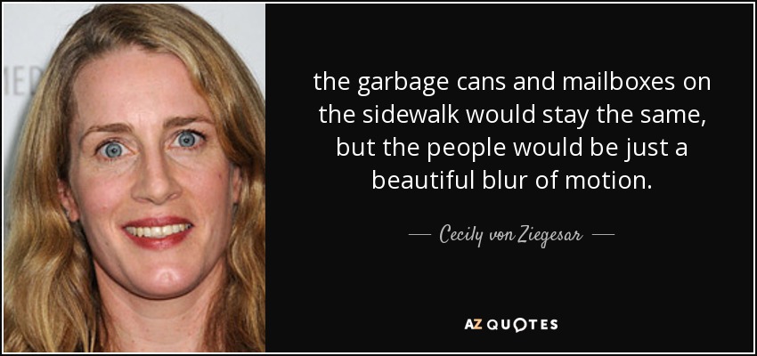 the garbage cans and mailboxes on the sidewalk would stay the same, but the people would be just a beautiful blur of motion. - Cecily von Ziegesar