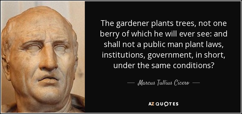 The gardener plants trees, not one berry of which he will ever see: and shall not a public man plant laws, institutions, government, in short, under the same conditions? - Marcus Tullius Cicero