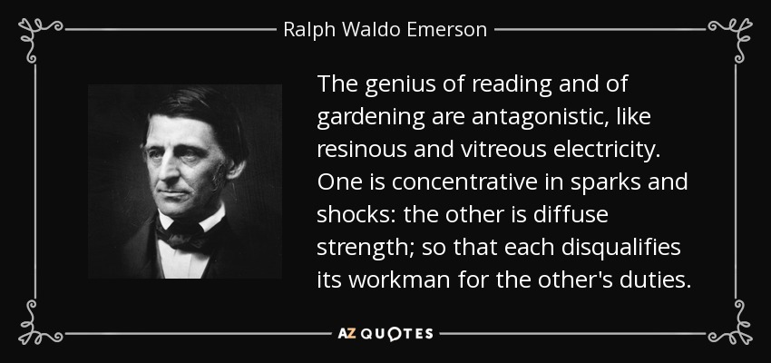 The genius of reading and of gardening are antagonistic, like resinous and vitreous electricity. One is concentrative in sparks and shocks: the other is diffuse strength; so that each disqualifies its workman for the other's duties. - Ralph Waldo Emerson