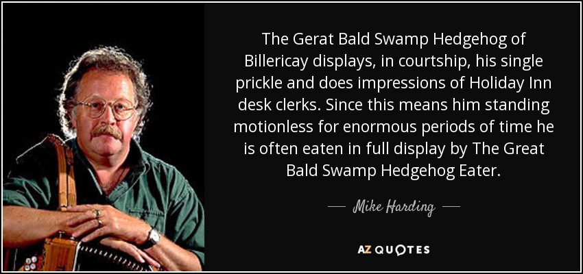 The Gerat Bald Swamp Hedgehog of Billericay displays, in courtship, his single prickle and does impressions of Holiday Inn desk clerks. Since this means him standing motionless for enormous periods of time he is often eaten in full display by The Great Bald Swamp Hedgehog Eater. - Mike Harding