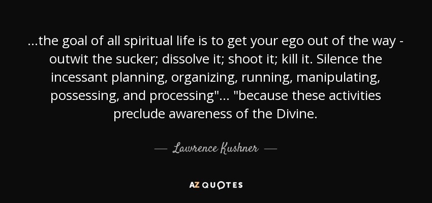 ...the goal of all spiritual life is to get your ego out of the way - outwit the sucker; dissolve it; shoot it; kill it. Silence the incessant planning, organizing, running, manipulating, possessing, and processing