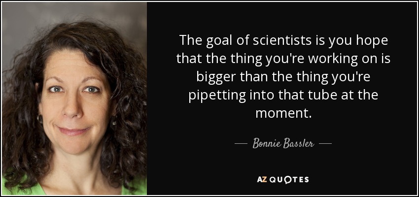 The goal of scientists is you hope that the thing you're working on is bigger than the thing you're pipetting into that tube at the moment. - Bonnie Bassler