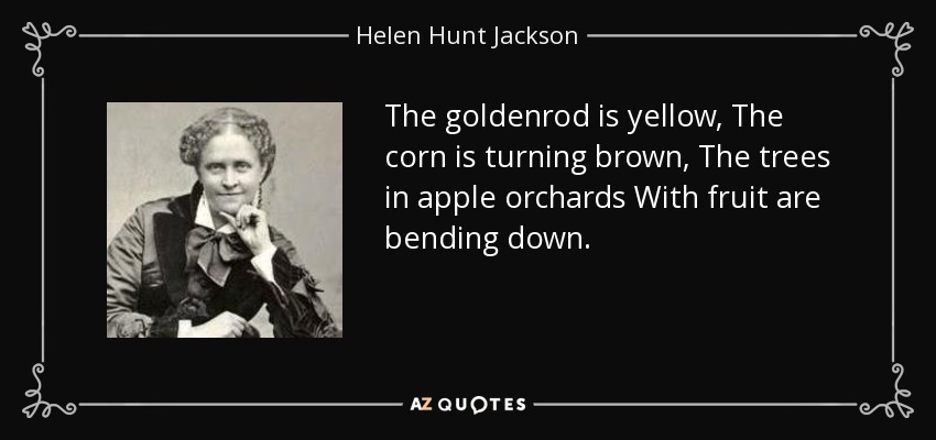 The goldenrod is yellow, The corn is turning brown, The trees in apple orchards With fruit are bending down. - Helen Hunt Jackson