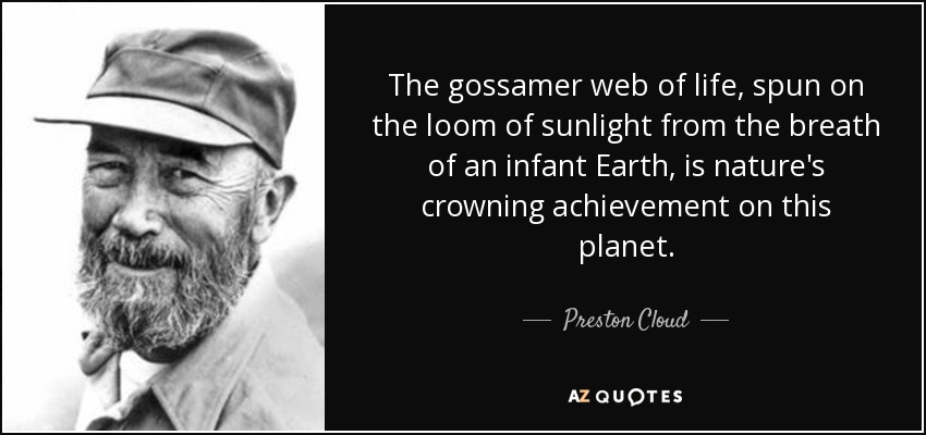 The gossamer web of life, spun on the loom of sunlight from the breath of an infant Earth, is nature's crowning achievement on this planet. - Preston Cloud