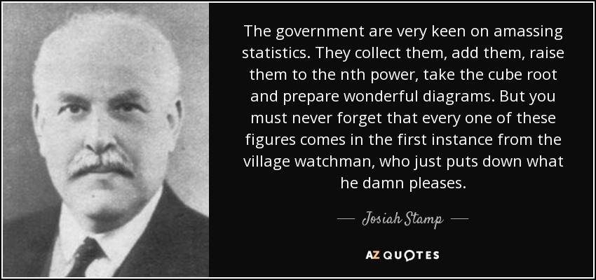 The government are very keen on amassing statistics. They collect them, add them, raise them to the nth power, take the cube root and prepare wonderful diagrams. But you must never forget that every one of these figures comes in the first instance from the village watchman, who just puts down what he damn pleases. - Josiah Stamp