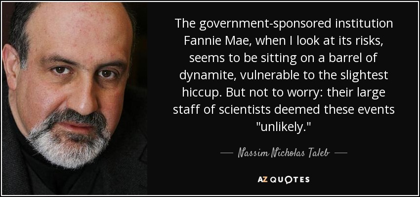 The government-sponsored institution Fannie Mae, when I look at its risks, seems to be sitting on a barrel of dynamite, vulnerable to the slightest hiccup. But not to worry: their large staff of scientists deemed these events 