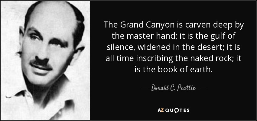 The Grand Canyon is carven deep by the master hand; it is the gulf of silence, widened in the desert; it is all time inscribing the naked rock; it is the book of earth. - Donald C. Peattie