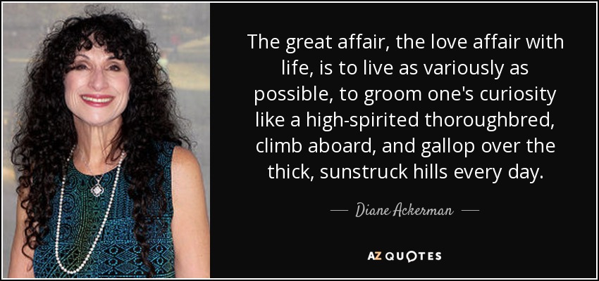 The great affair, the love affair with life, is to live as variously as possible, to groom one's curiosity like a high-spirited thoroughbred, climb aboard, and gallop over the thick, sunstruck hills every day. - Diane Ackerman