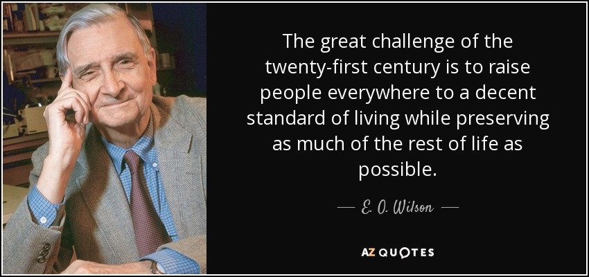 The great challenge of the twenty-first century is to raise people everywhere to a decent standard of living while preserving as much of the rest of life as possible. - E. O. Wilson