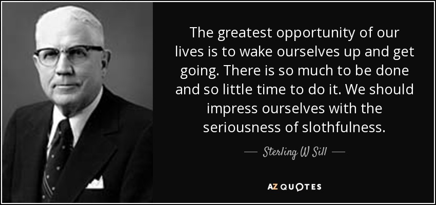 The greatest opportunity of our lives is to wake ourselves up and get going. There is so much to be done and so little time to do it. We should impress ourselves with the seriousness of slothfulness. - Sterling W Sill
