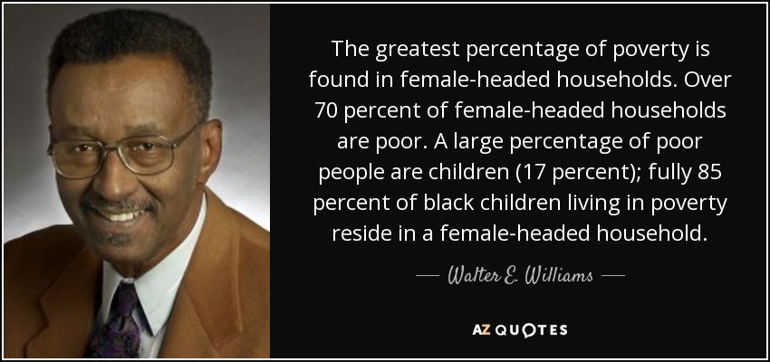 The greatest percentage of poverty is found in female-headed households. Over 70 percent of female-headed households are poor. A large percentage of poor people are children (17 percent); fully 85 percent of black children living in poverty reside in a female-headed household. - Walter E. Williams