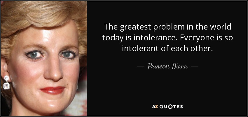 The greatest problem in the world today is intolerance. Everyone is so intolerant of each other. - Princess Diana