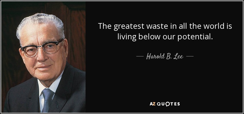 The greatest waste in all the world is living below our potential. - Harold B. Lee