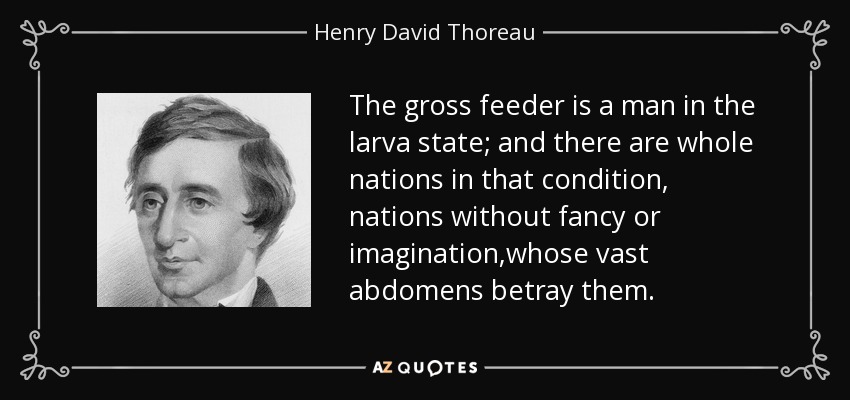 The gross feeder is a man in the larva state; and there are whole nations in that condition, nations without fancy or imagination,whose vast abdomens betray them. - Henry David Thoreau