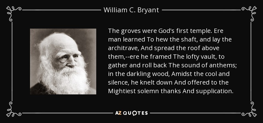 The groves were God's first temple. Ere man learned To hew the shaft, and lay the architrave, And spread the roof above them,--ere he framed The lofty vault, to gather and roll back The sound of anthems; in the darkling wood, Amidst the cool and silence, he knelt down And offered to the Mightiest solemn thanks And supplication. - William C. Bryant