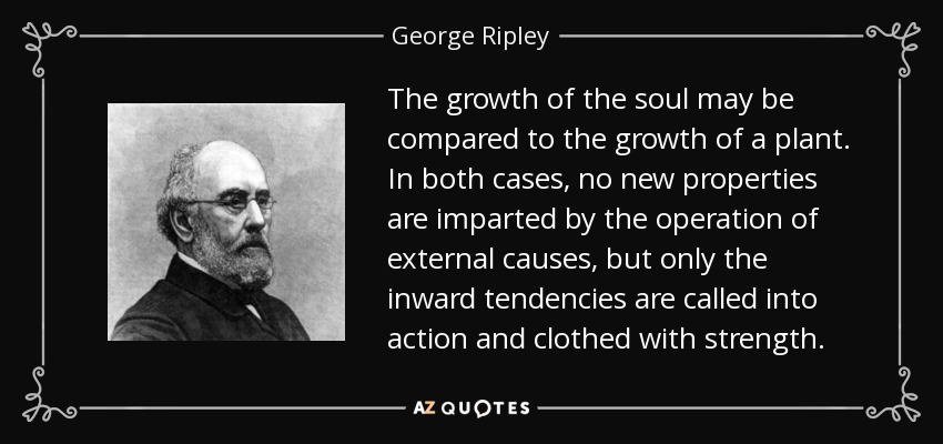 The growth of the soul may be compared to the growth of a plant. In both cases, no new properties are imparted by the operation of external causes, but only the inward tendencies are called into action and clothed with strength. - George Ripley