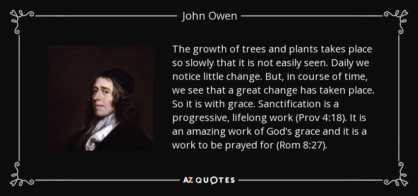 The growth of trees and plants takes place so slowly that it is not easily seen. Daily we notice little change. But, in course of time, we see that a great change has taken place. So it is with grace. Sanctification is a progressive, lifelong work (Prov 4:18). It is an amazing work of God's grace and it is a work to be prayed for (Rom 8:27). - John Owen