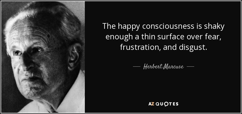 The happy consciousness is shaky enough a thin surface over fear, frustration, and disgust. - Herbert Marcuse