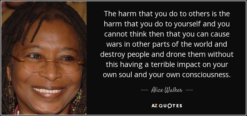 The harm that you do to others is the harm that you do to yourself and you cannot think then that you can cause wars in other parts of the world and destroy people and drone them without this having a terrible impact on your own soul and your own consciousness. - Alice Walker