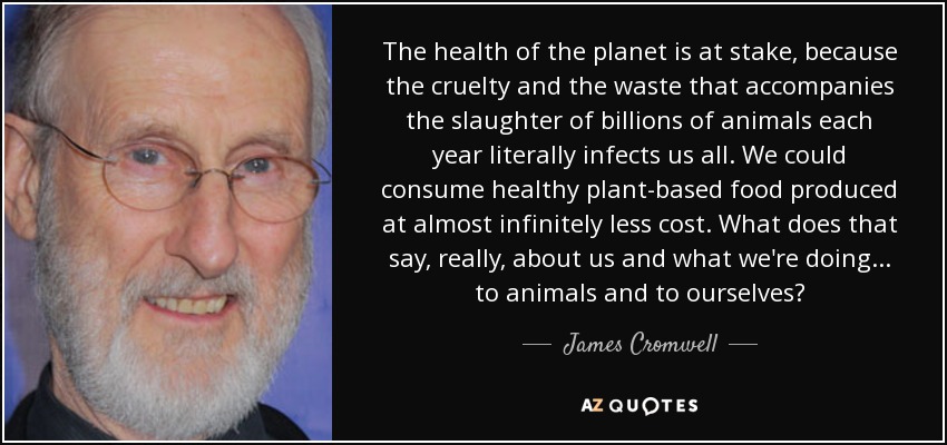 The health of the planet is at stake, because the cruelty and the waste that accompanies the slaughter of billions of animals each year literally infects us all. We could consume healthy plant-based food produced at almost infinitely less cost. What does that say, really, about us and what we're doing... to animals and to ourselves? - James Cromwell