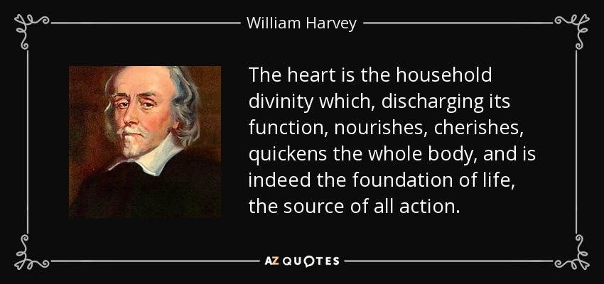 The heart is the household divinity which, discharging its function, nourishes, cherishes, quickens the whole body, and is indeed the foundation of life, the source of all action. - William Harvey