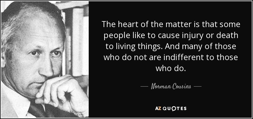 The heart of the matter is that some people like to cause injury or death to living things. And many of those who do not are indifferent to those who do. - Norman Cousins