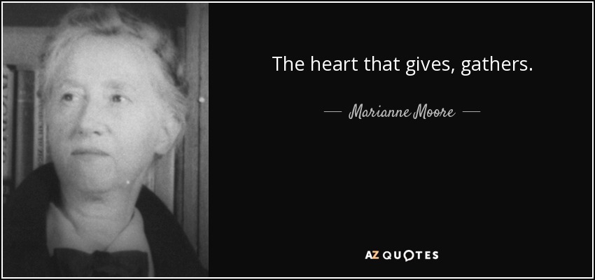 The heart that gives, gathers. - Marianne Moore