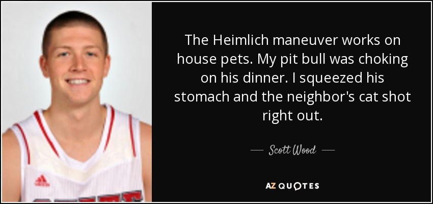 The Heimlich maneuver works on house pets. My pit bull was choking on his dinner. I squeezed his stomach and the neighbor's cat shot right out. - Scott Wood