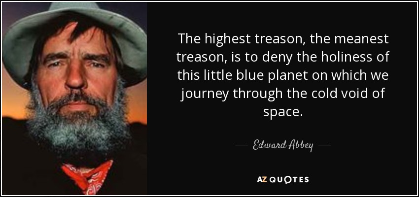 The highest treason, the meanest treason, is to deny the holiness of this little blue planet on which we journey through the cold void of space. - Edward Abbey