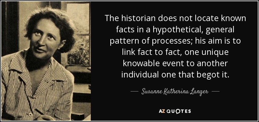 The historian does not locate known facts in a hypothetical, general pattern of processes; his aim is to link fact to fact, one unique knowable event to another individual one that begot it. - Susanne Katherina Langer