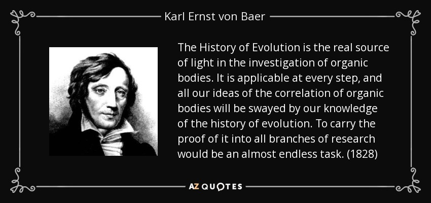 The History of Evolution is the real source of light in the investigation of organic bodies. It is applicable at every step, and all our ideas of the correlation of organic bodies will be swayed by our knowledge of the history of evolution. To carry the proof of it into all branches of research would be an almost endless task. (1828) - Karl Ernst von Baer