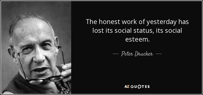 The honest work of yesterday has lost its social status, its social esteem. - Peter Drucker