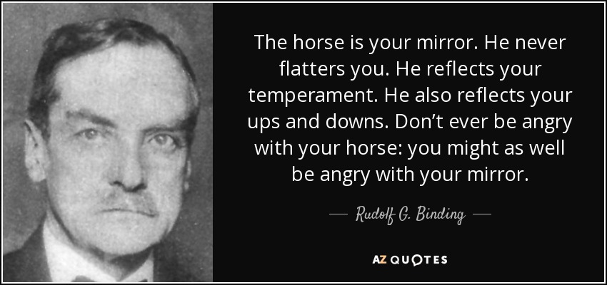 The horse is your mirror. He never flatters you. He reflects your temperament. He also reflects your ups and downs. Don’t ever be angry with your horse: you might as well be angry with your mirror. - Rudolf G. Binding