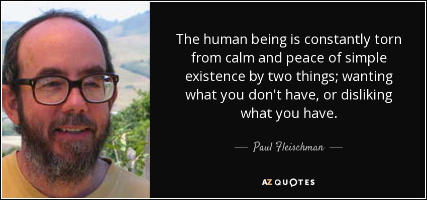 The human being is constantly torn from calm and peace of simple existence by two things; wanting what you don't have, or disliking what you have. - Paul Fleischman