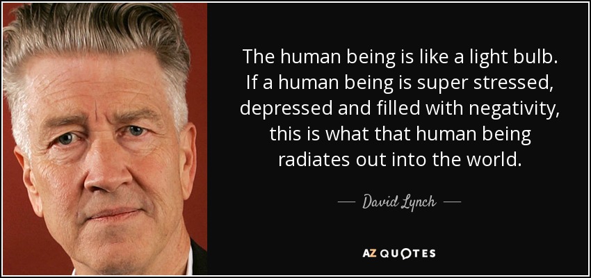 The human being is like a light bulb. If a human being is super stressed, depressed and filled with negativity, this is what that human being radiates out into the world. - David Lynch