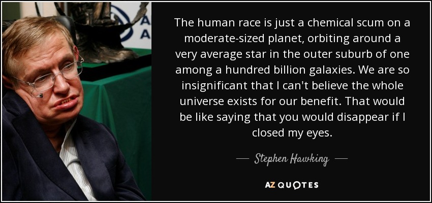 The human race is just a chemical scum on a moderate-sized planet, orbiting around a very average star in the outer suburb of one among a hundred billion galaxies. We are so insignificant that I can't believe the whole universe exists for our benefit. That would be like saying that you would disappear if I closed my eyes. - Stephen Hawking