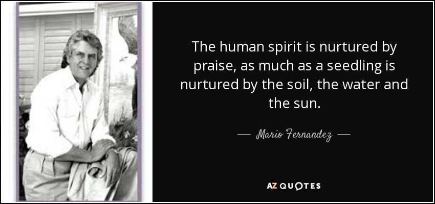 The human spirit is nurtured by praise, as much as a seedling is nurtured by the soil, the water and the sun. - Mario Fernandez