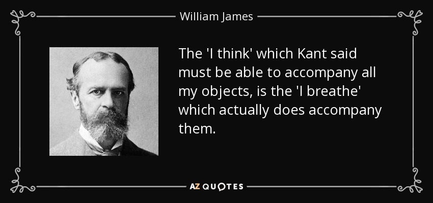 The 'I think' which Kant said must be able to accompany all my objects, is the 'I breathe' which actually does accompany them. - William James