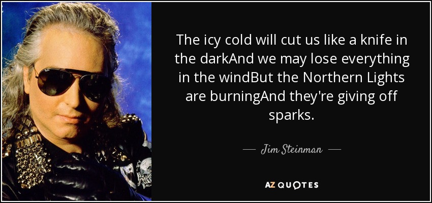The icy cold will cut us like a knife in the darkAnd we may lose everything in the windBut the Northern Lights are burningAnd they're giving off sparks. - Jim Steinman