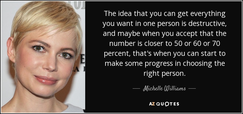 The idea that you can get everything you want in one person is destructive, and maybe when you accept that the number is closer to 50 or 60 or 70 percent, that's when you can start to make some progress in choosing the right person. - Michelle Williams
