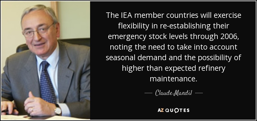 The IEA member countries will exercise flexibility in re-establishing their emergency stock levels through 2006, noting the need to take into account seasonal demand and the possibility of higher than expected refinery maintenance. - Claude Mandil