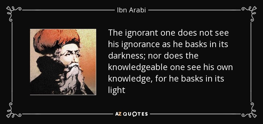 The ignorant one does not see his ignorance as he basks in its darkness; nor does the knowledgeable one see his own knowledge, for he basks in its light - Ibn Arabi