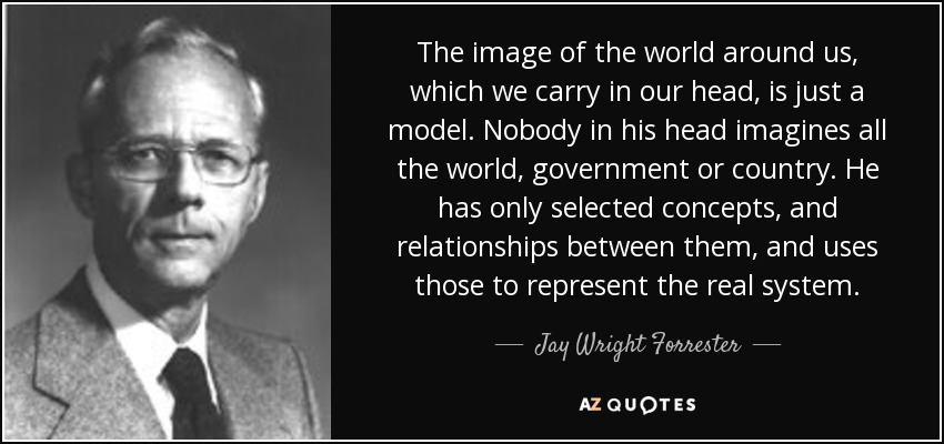 The image of the world around us, which we carry in our head, is just a model. Nobody in his head imagines all the world, government or country. He has only selected concepts, and relationships between them, and uses those to represent the real system. - Jay Wright Forrester