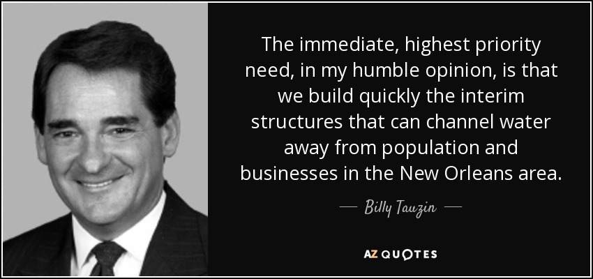 The immediate, highest priority need, in my humble opinion, is that we build quickly the interim structures that can channel water away from population and businesses in the New Orleans area. - Billy Tauzin