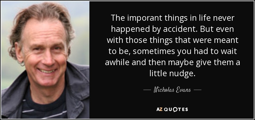 The imporant things in life never happened by accident. But even with those things that were meant to be, sometimes you had to wait awhile and then maybe give them a little nudge. - Nicholas Evans