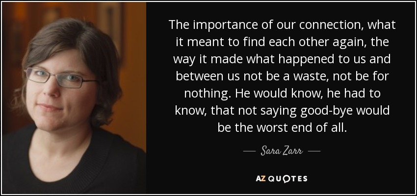 The importance of our connection, what it meant to find each other again, the way it made what happened to us and between us not be a waste, not be for nothing. He would know, he had to know, that not saying good-bye would be the worst end of all. - Sara Zarr