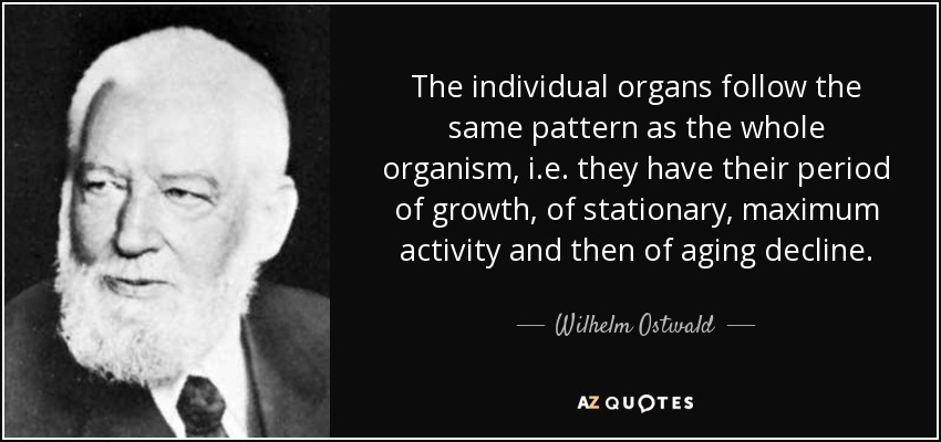 The individual organs follow the same pattern as the whole organism, i.e. they have their period of growth, of stationary, maximum activity and then of aging decline. - Wilhelm Ostwald