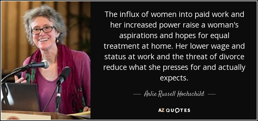 The influx of women into paid work and her increased power raise a woman's aspirations and hopes for equal treatment at home. Her lower wage and status at work and the threat of divorce reduce what she presses for and actually expects. - Arlie Russell Hochschild