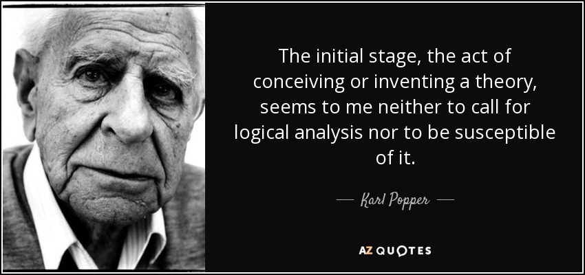 The initial stage, the act of conceiving or inventing a theory, seems to me neither to call for logical analysis nor to be susceptible of it. - Karl Popper