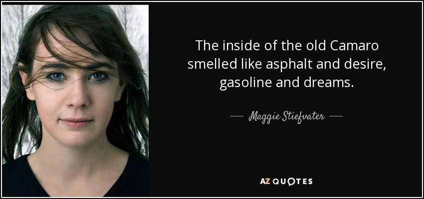 The inside of the old Camaro smelled like asphalt and desire, gasoline and dreams. - Maggie Stiefvater